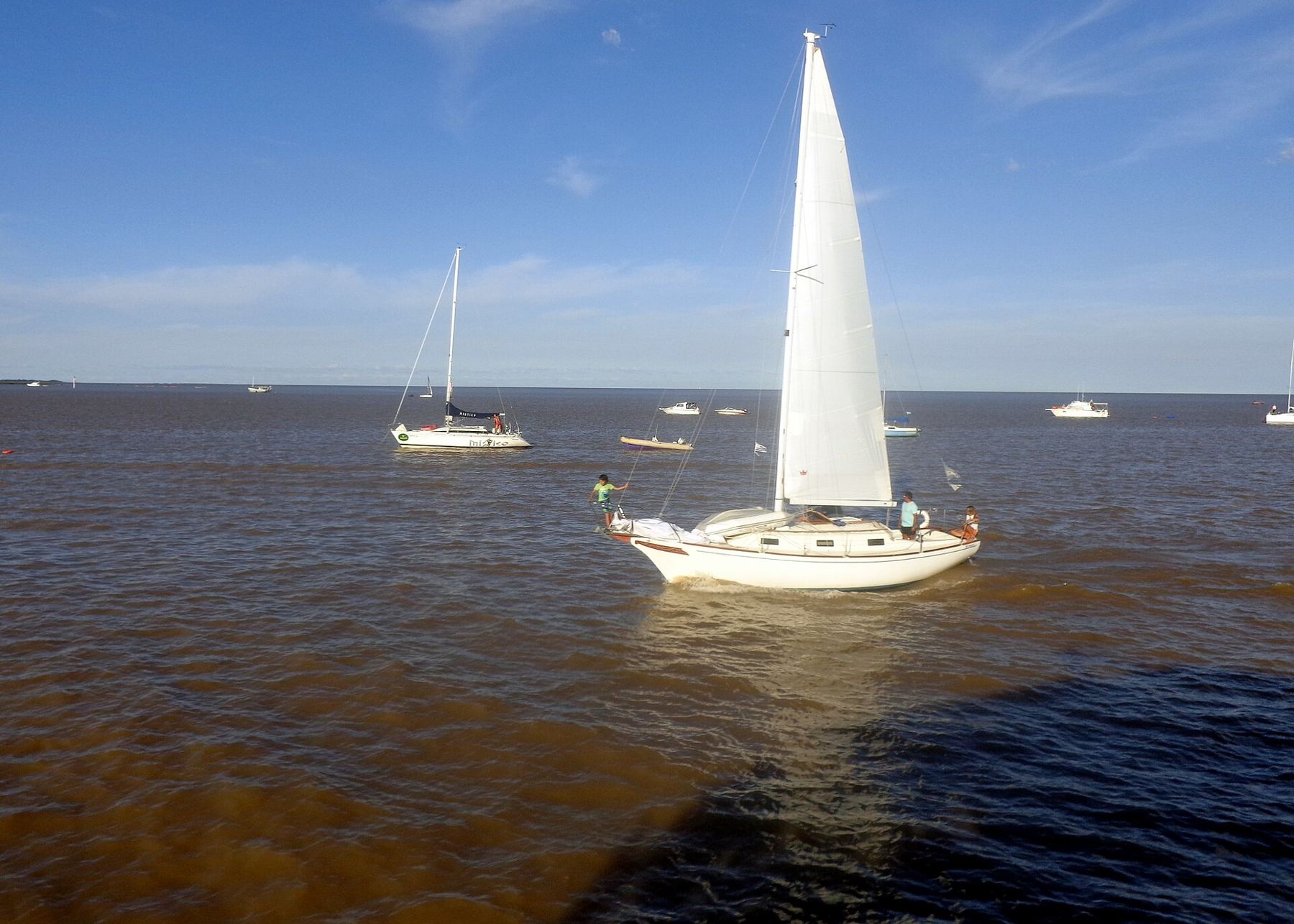 Un velero navegando las aguas marrones del Río de la Plata en un día despejado
